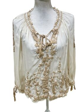 Lucky Embroidered Cream tonal Peasant blouse Top Tie Neck boho size xs